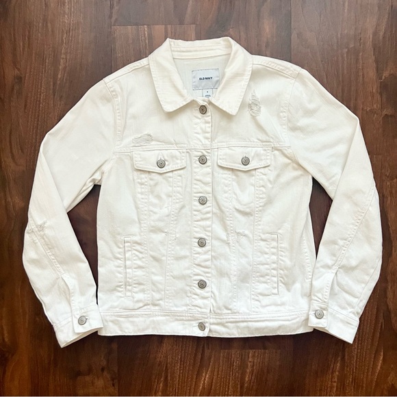 Old Navy Jackets & Blazers - Old Navy White Distressed Button Up Denim Jean Jacket Women’s Size M